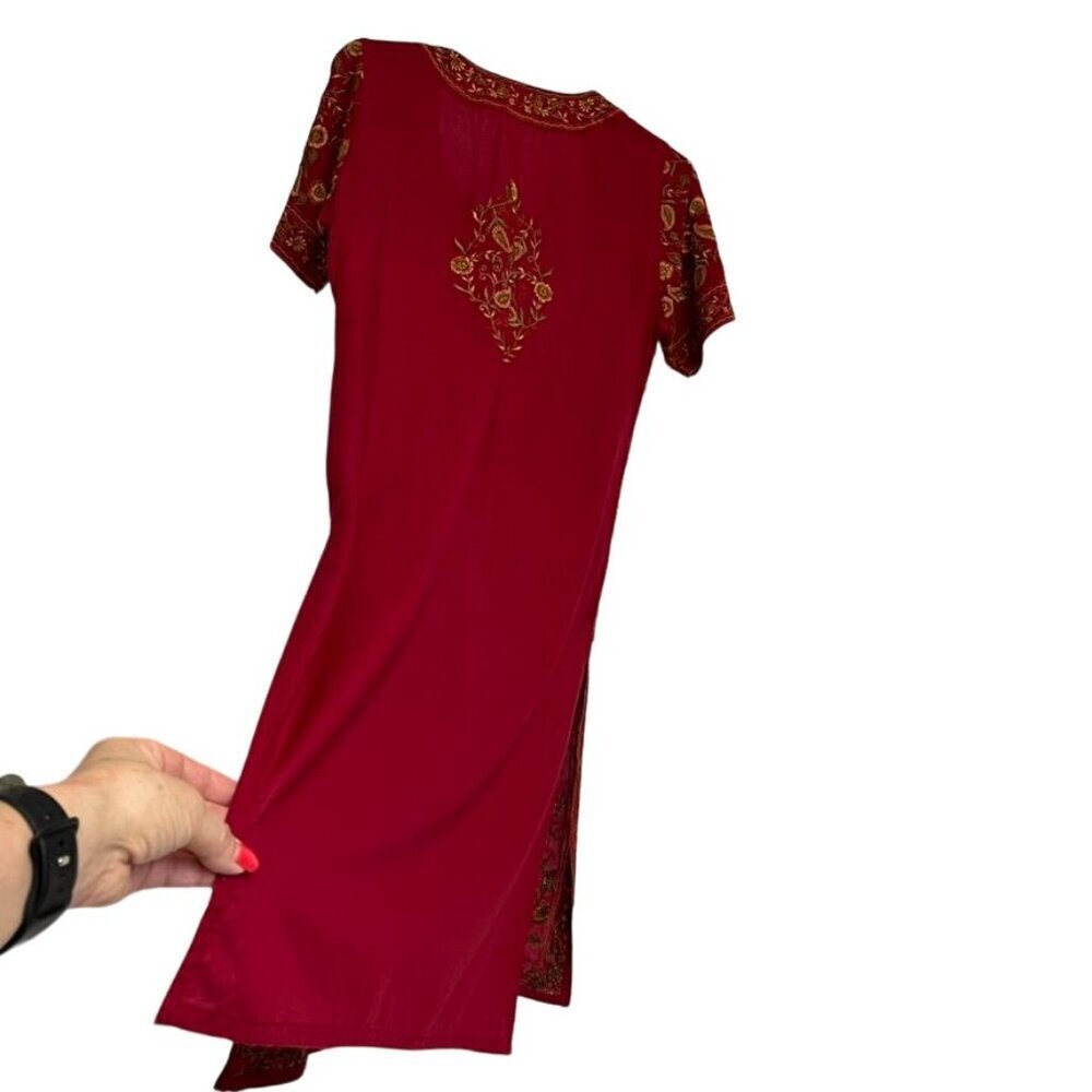 Indian Red Floral Embroidered Short Sleeve Kurta Dress and Pants 2 Piece Set - Picture 3 of 16